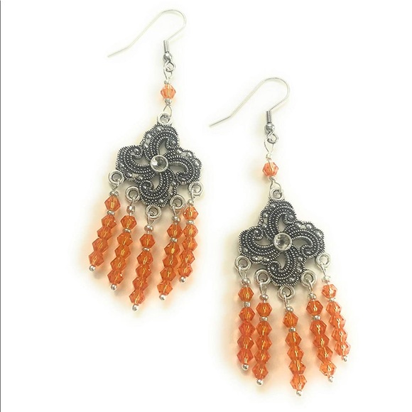 Orange and Silver Chandelier Beaded Earrings - Picture 2 of 3